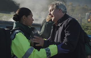 At the scene of a devastating car crash Holby City's Sacha begs Casualty's Elle to save the occupants