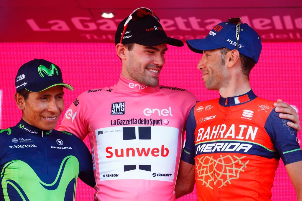 Sunweb&rsquo;s Tom Dumoulin shares a smile on the final podium of the 2017 Giro d&rsquo;Italian with Nairo Quintana (Movistar) and Bahrain-Merida&rsquo;s Vincenzo Nibali