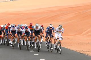 World champion Tadej Pogačar (UAE Team Emirates-XRG) at the head of the peloton during stage 1 of the 2025 UAE Tour