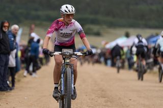 Third-placed Alexis Skarda at finish of 2023 Leadville Trail 100 MTB