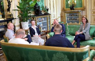 Prince William and Kate Middleton laugh while recording an episode of The Good, The Bad and The Rugby podcast in the Green Drawing Room at Windsor Castle on September 6, 2023