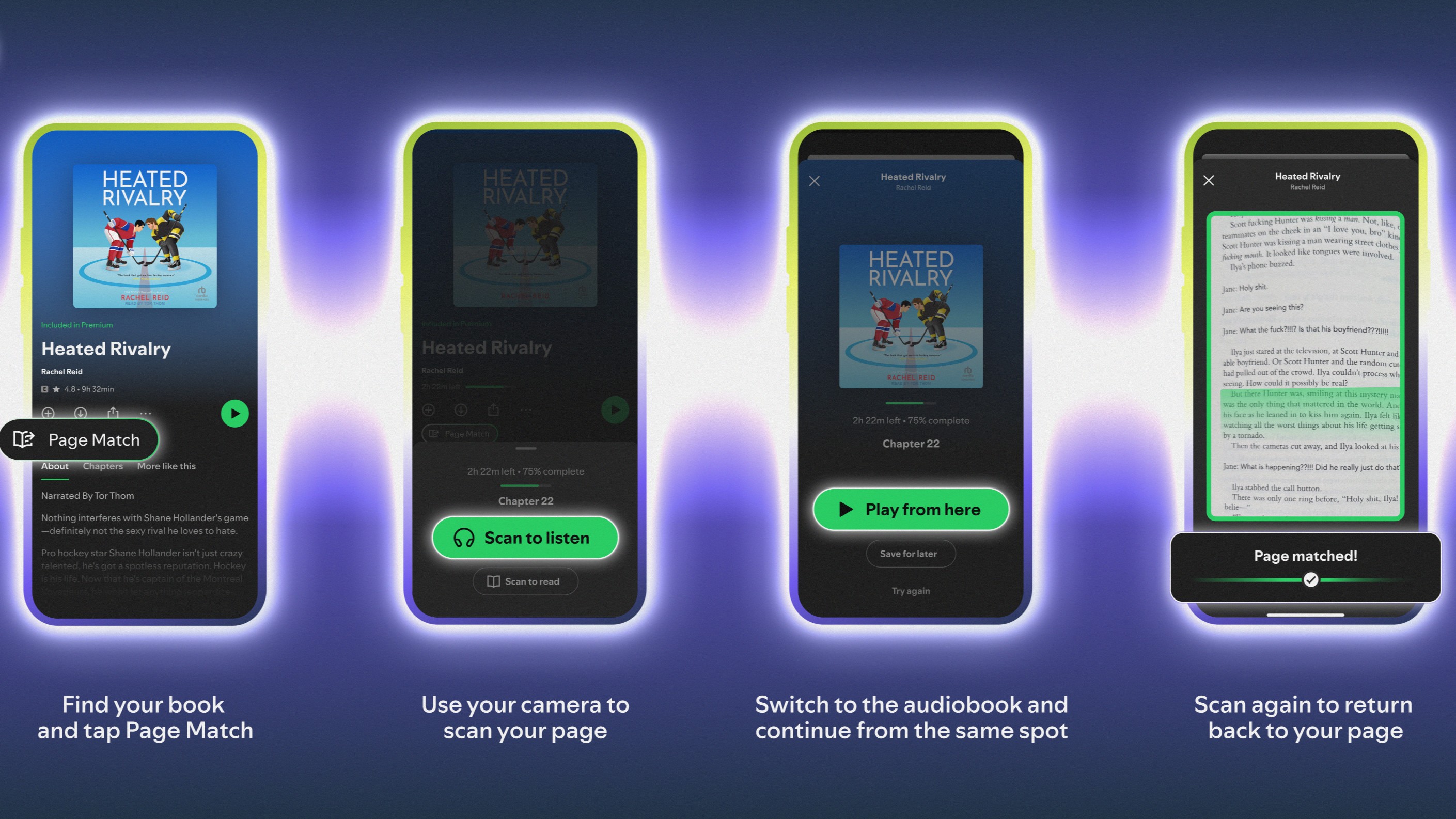 An infographic showing how to use the Page Match tool for Spotify audiobooks