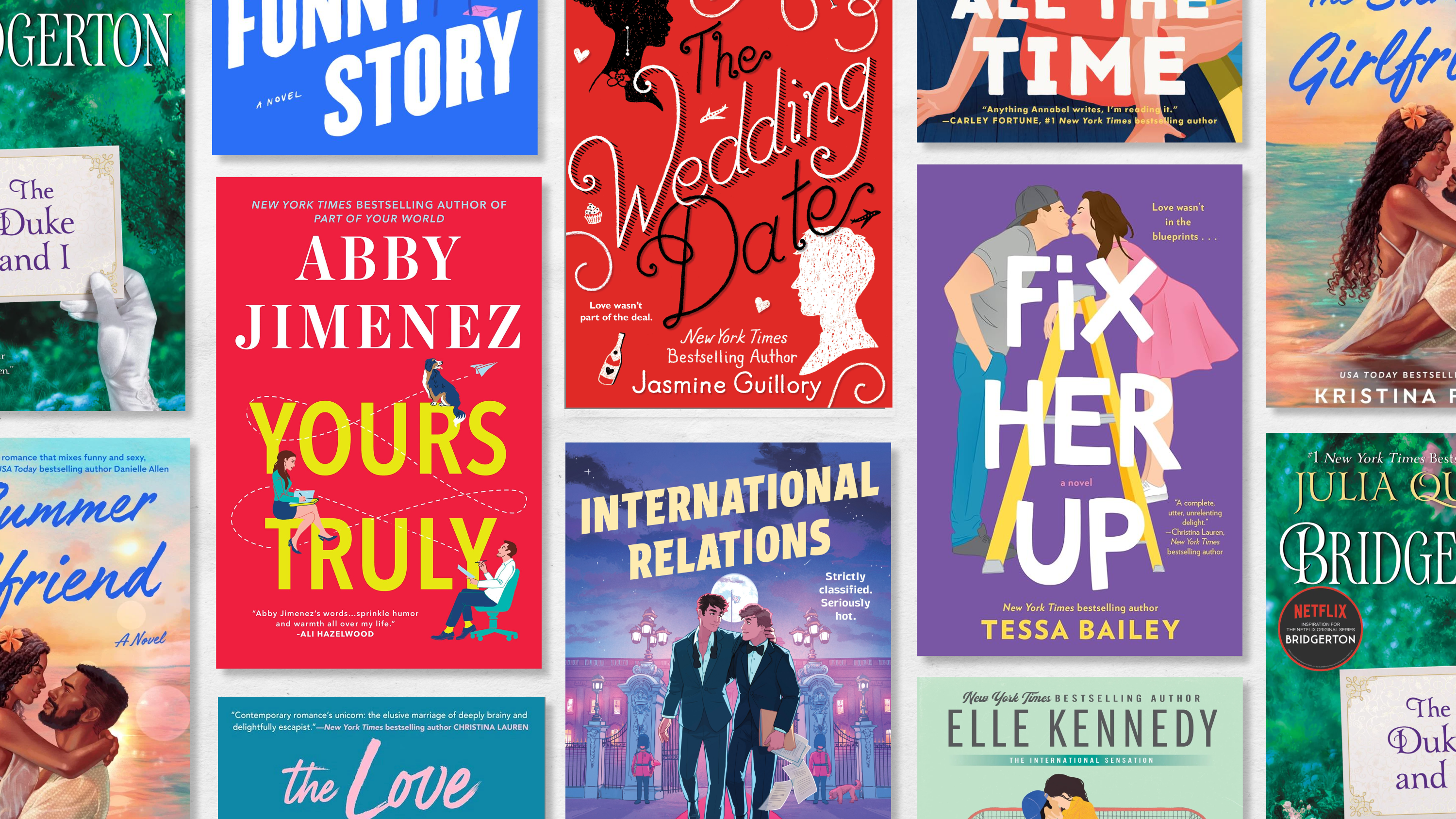 a collage of the best fake dating books including yours truly international relationships summer girlfriend and more