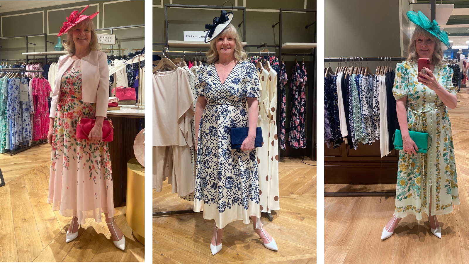 Julie Player trying on mother of the bride outfits in hobbs