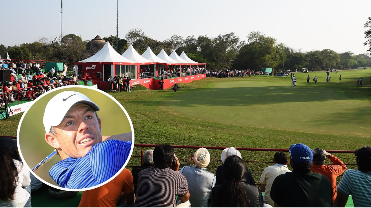 General view of Delhi Golf Club&#039;s 18th green during tournament play and inset photo of Rory McIlroy hitting a shot in 2024