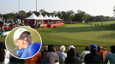 General view of Delhi Golf Club's 18th green during tournament play and inset photo of Rory McIlroy hitting a shot in 2024