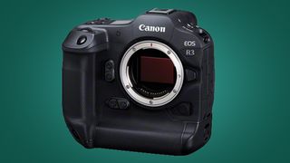 The front of the Canon EOS R3 mirrorless camera