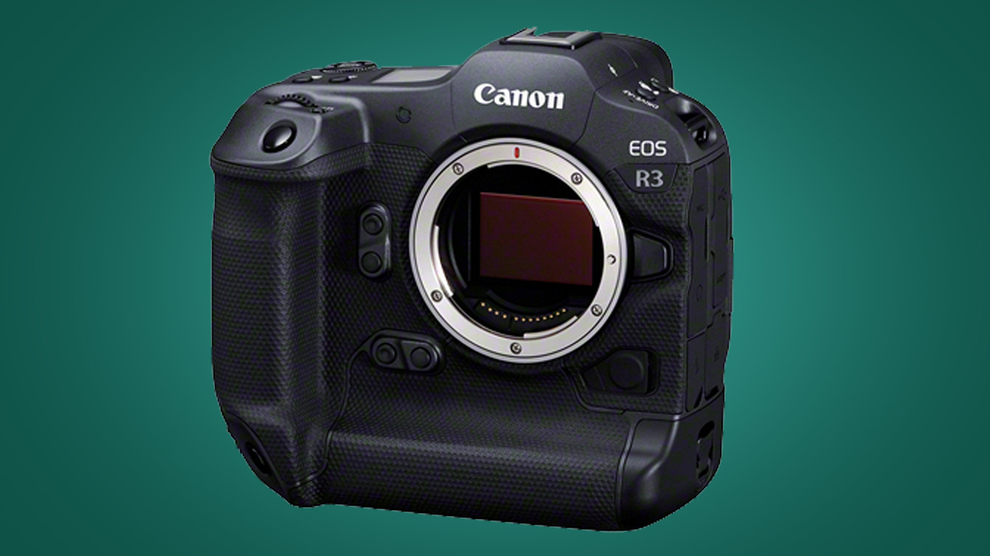 The front of the Canon EOS R3 mirrorless camera