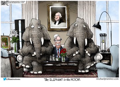Political Cartoon U.S. Bolton Trump testimony elephant in the room