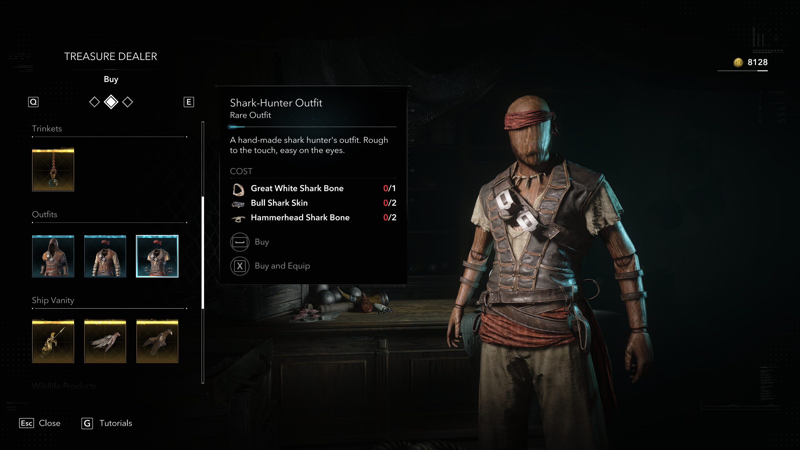 Black Flag outfits: The Shark-Hunter Outfit viewed in the Treasure Dealer menu.