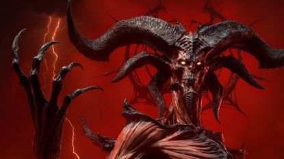 Key art for Diablo 4: Lord of Hatred showing Mephisto, a spiky and angular demon, against a red, lightning backdrop, arm and claw raised menancingly, cropped to show more of him