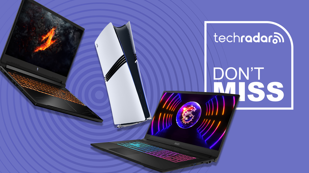 Gaming laptops and a PS5 Pro on a purple background with &#039;Don&#039;t Miss&#039; text