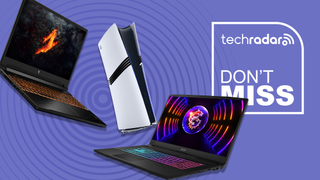 Gaming laptops and a PS5 Pro on a purple background with &#039;Don&#039;t Miss&#039; text