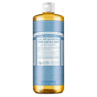 See through plastic bottle with flip top white lid. The label is blue and too small to read other than the brand name or Dr Bronner's 18-in-1 hemp baby unscented pure Castile soap