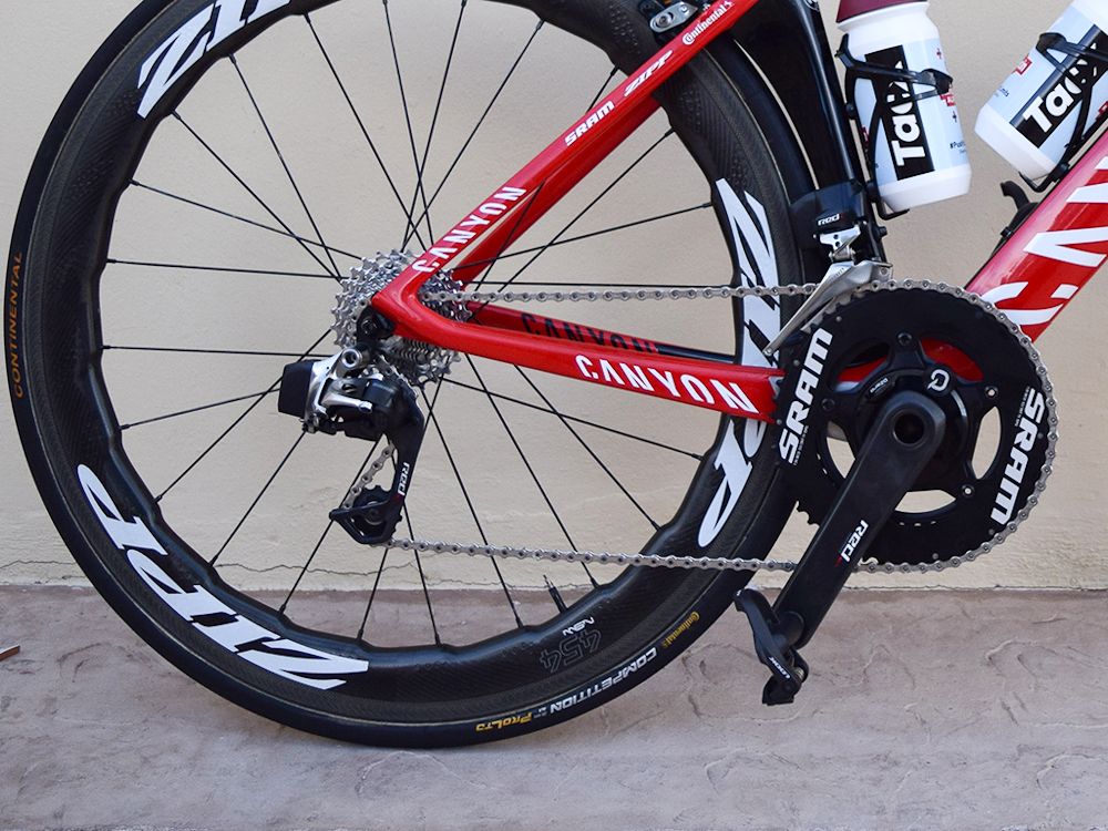 Haas' Canyon is paired with a SRAM Red eTap electronic wireless drivetrain