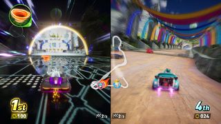 Silver races through a portal on the left screen while Miku is behind in Sonic Racing: CrossWorlds