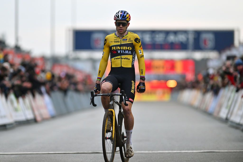 NAMUR BELGIUM DECEMBER 27 Wout Van Aert of Belgium and Team JumboVisma crosses the finish line as race winner during the 19th Superprestige HeusdenZolder 2023 Mens Elite on December 27 2023 in Namur Belgium Photo by Luc ClaessenGetty Images