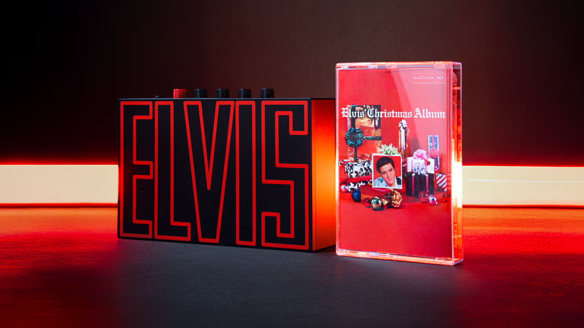 Front view of the We Are Rewind x Elvis Presley Limited Edition Box Set against a black background with a red neon strip