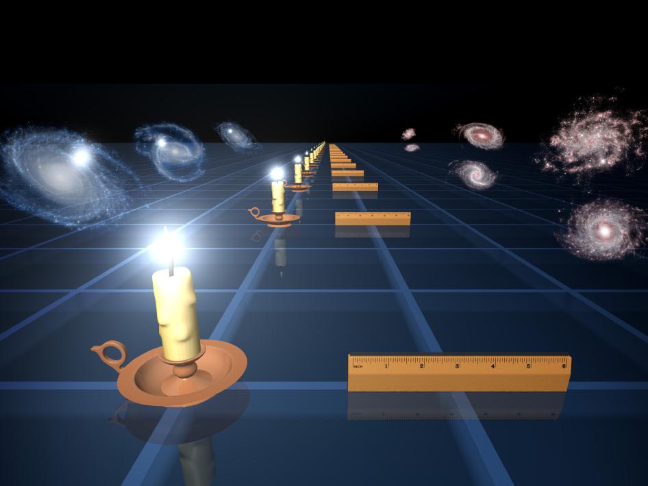 This diagram illustrates two ways to measure how fast the universe is expanding -- the &quot;standard candle&quot; method, which involves exploded stars in galaxies, and the &quot;standard ruler&quot; method, which involves pairs of galaxies.