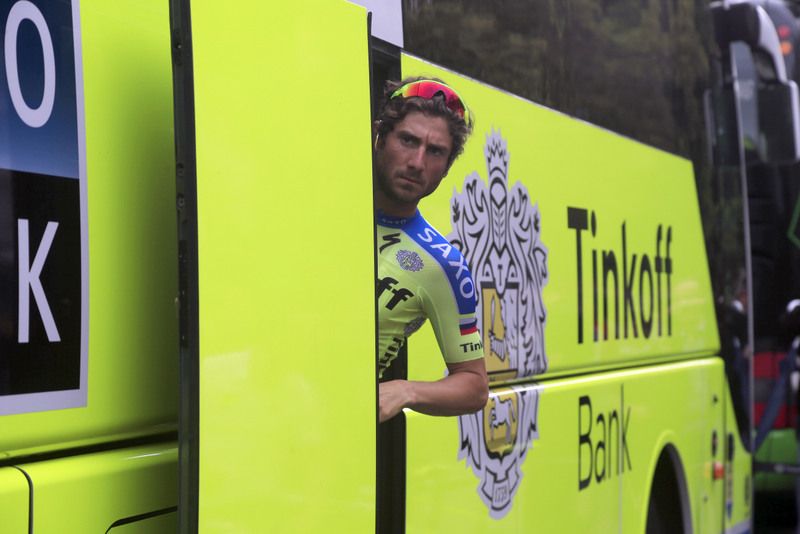 Manuele Boaro pops his head out of the Tinkoff-Saxo bus