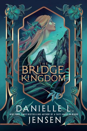 bridge kingdom book cover with a woman's face in the sky over a mountain and a floral design