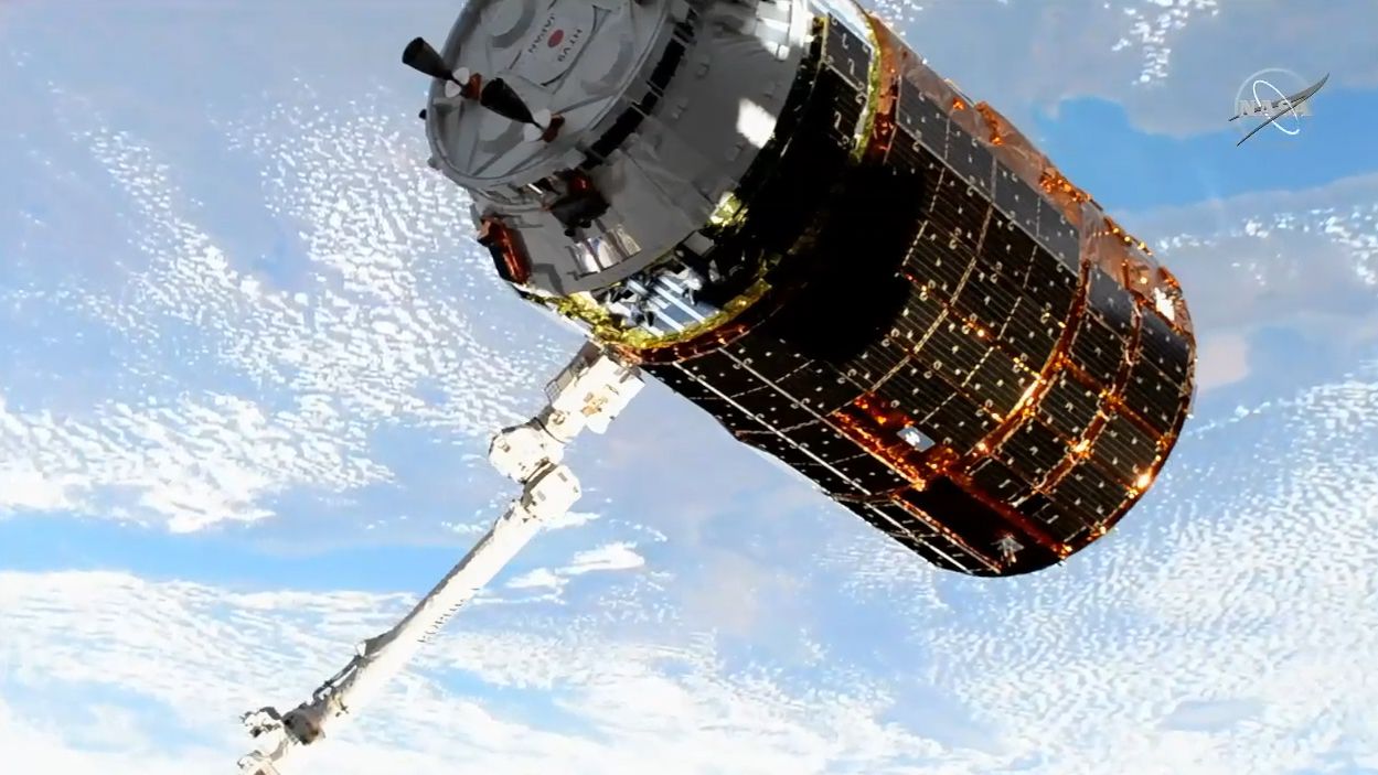 The HTV-9 cargo ship arrives at the International Space Station on May 25, 2020 to deliver more than 4 tons of supplies on the final HTV flight by the Japan Aerospace Exploration Agency (JAXA).
