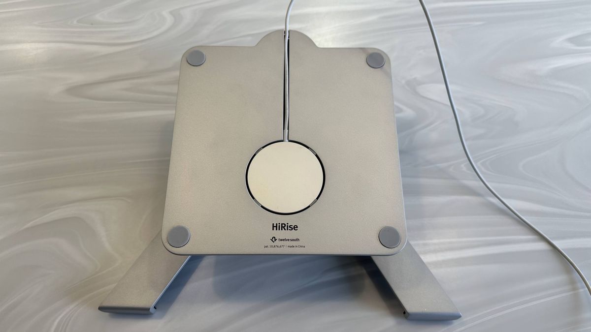 Twelve South HiRise Pro MacBook stand on a marble surface in an office