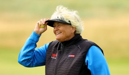 Laura Davies taps her hat during the AIG Women's Open