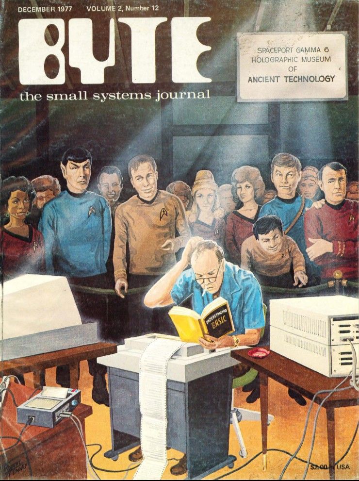 Byte cover showing cast of Star Trek marveling at a man struggling to learn Basic programming language in "Museum of Ancient Technology"
