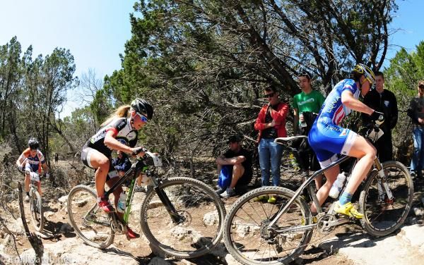Georgia Gould (Luna) has to put a foot down on a rocky section of the course