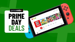 Nintendo Switch on a green background with Prime Day badge
