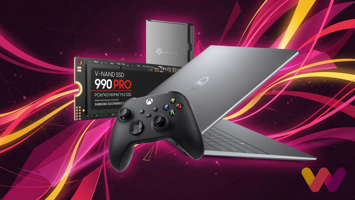 A collection of modern tech, including a Samsung 990 PRO NVMe SSD, a Seagate external hard drive, a Dell laptop, and an Xbox controller &amp;mdash; arranged against a vibrant background with light streaks