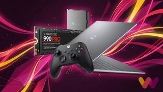 A collection of modern tech, including a Samsung 990 PRO NVMe SSD, a Seagate external hard drive, a Dell laptop, and an Xbox controller — arranged against a vibrant background with light streaks