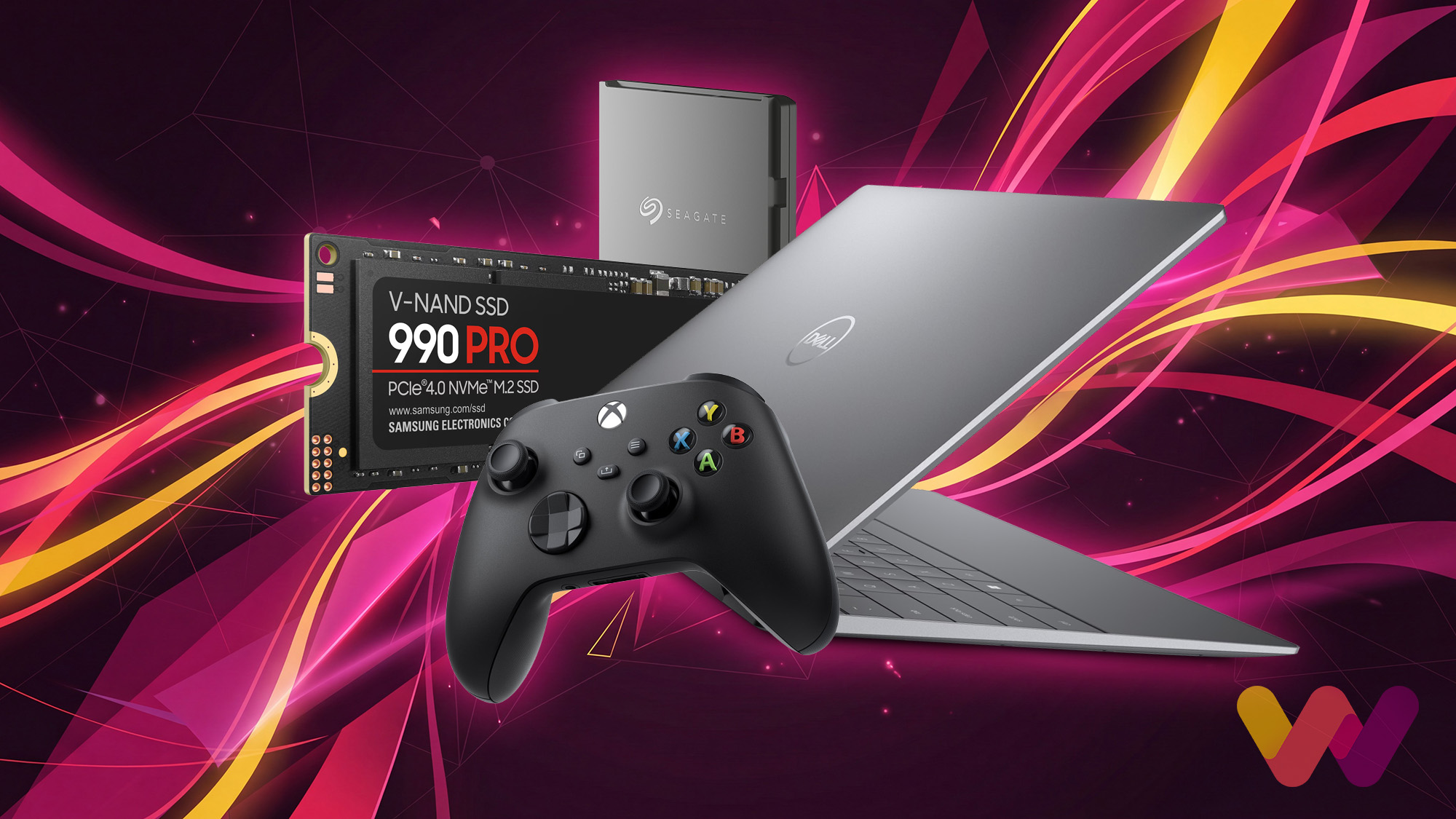 A collection of modern tech, including a Samsung 990 PRO NVMe SSD, a Seagate external hard drive, a Dell laptop, and an Xbox controller — arranged against a vibrant background with light streaks