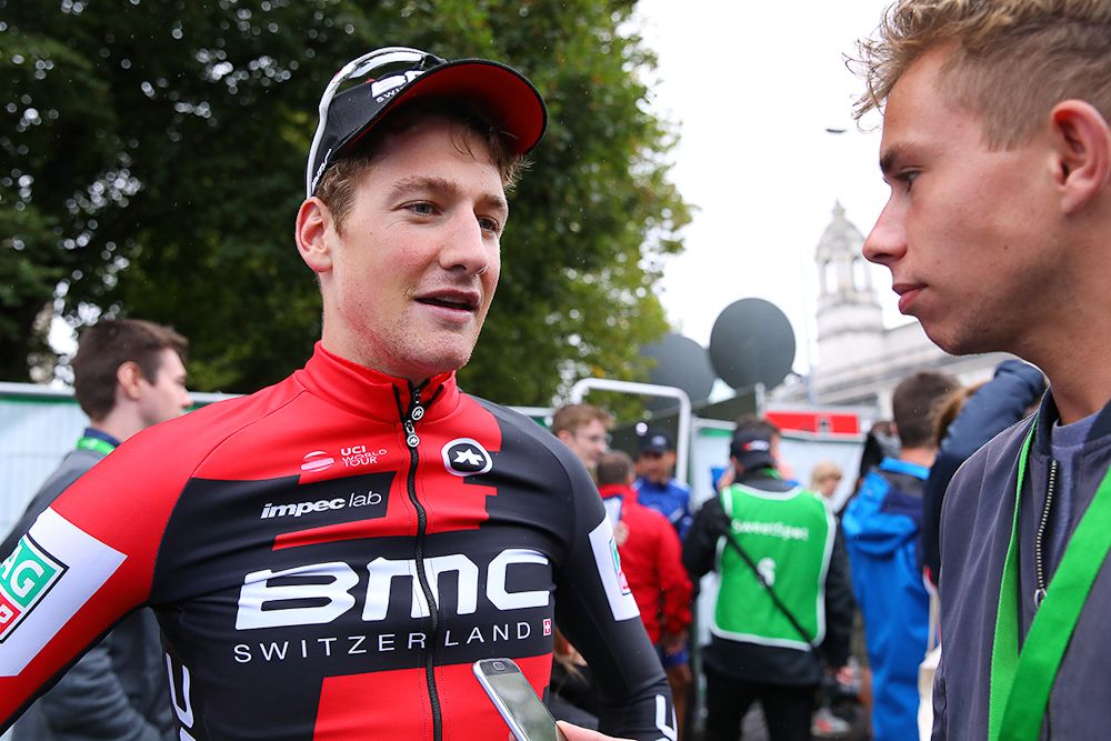 BMC's Stefan Kung gives an interview after the final stage in Britain