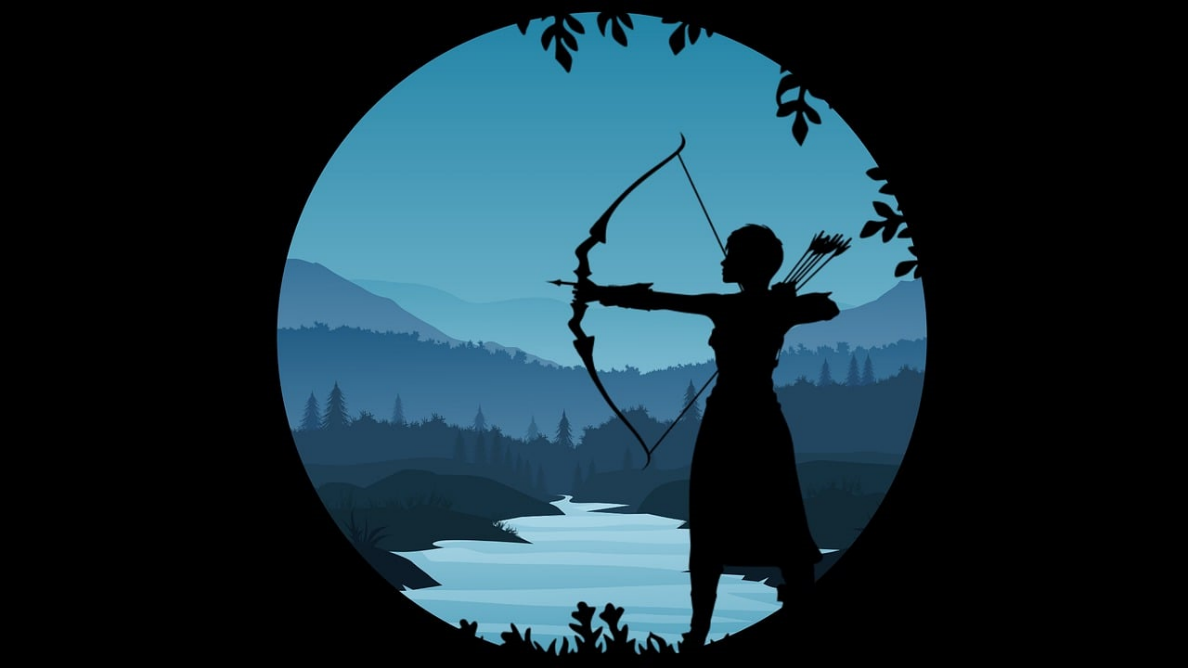 An artist&#039;s drawing of a woman hunting with a bow and arrow. 