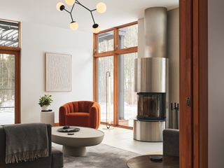 gray living room with copper armchair