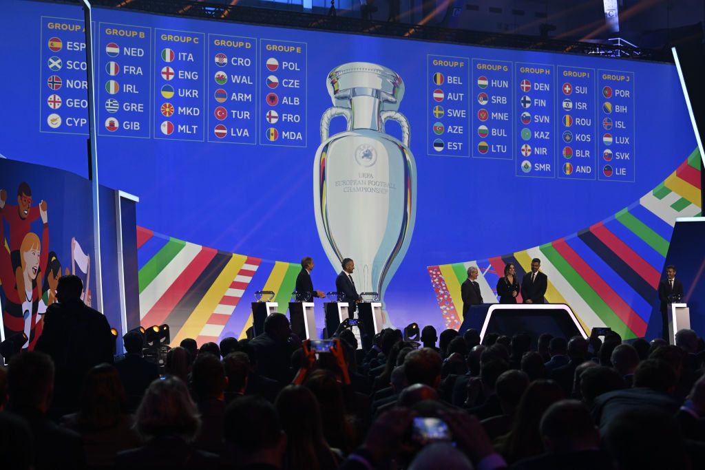 Euro 2024 TV coverage: A general view of the draw result displayed on the screen during the UEFA EURO 2024 Qualifying Round Draw at Festhalle Messe Frankfurt on October 9, 2022, in Frankfurt, Germany. (Photo by Kristian Skeie - UEFA/UEFA via Getty Images)