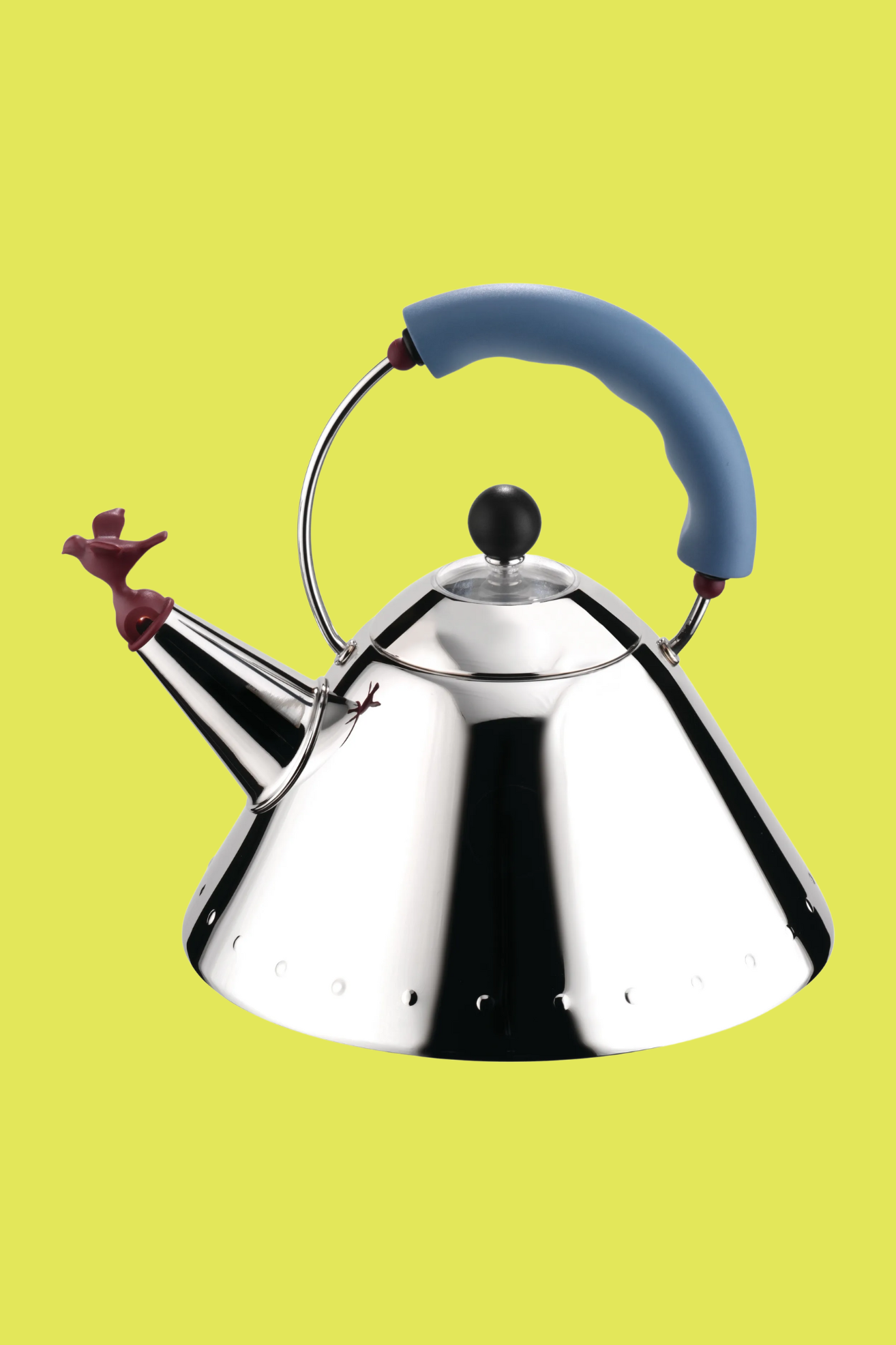 A chrome kettle with a blue grip and a bird stopper