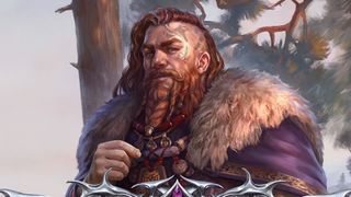 Wrath of the Righteous New Shifter companion key art, viking man with shaved sides of head, long top knot, braided beard