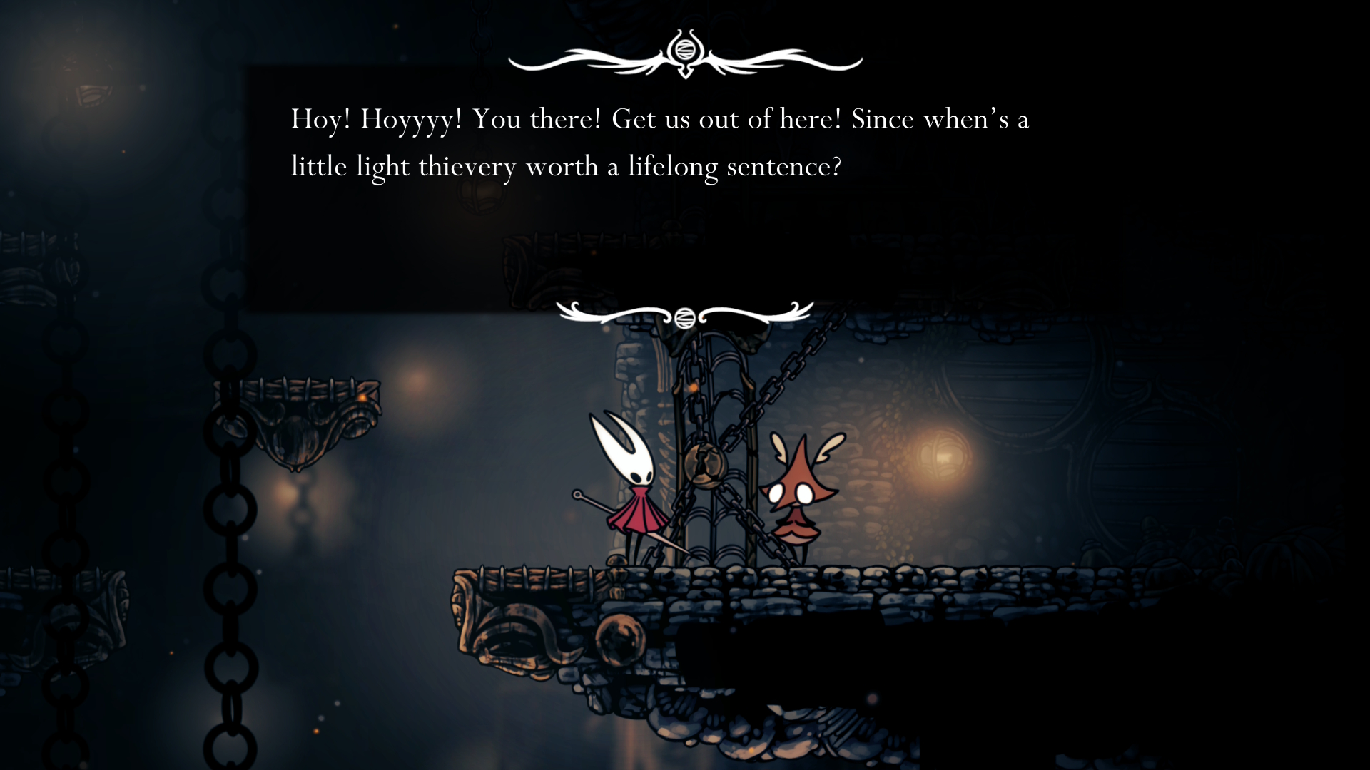 A jailed thief in Hollow Knight: Silksong requests Hornet open the gate