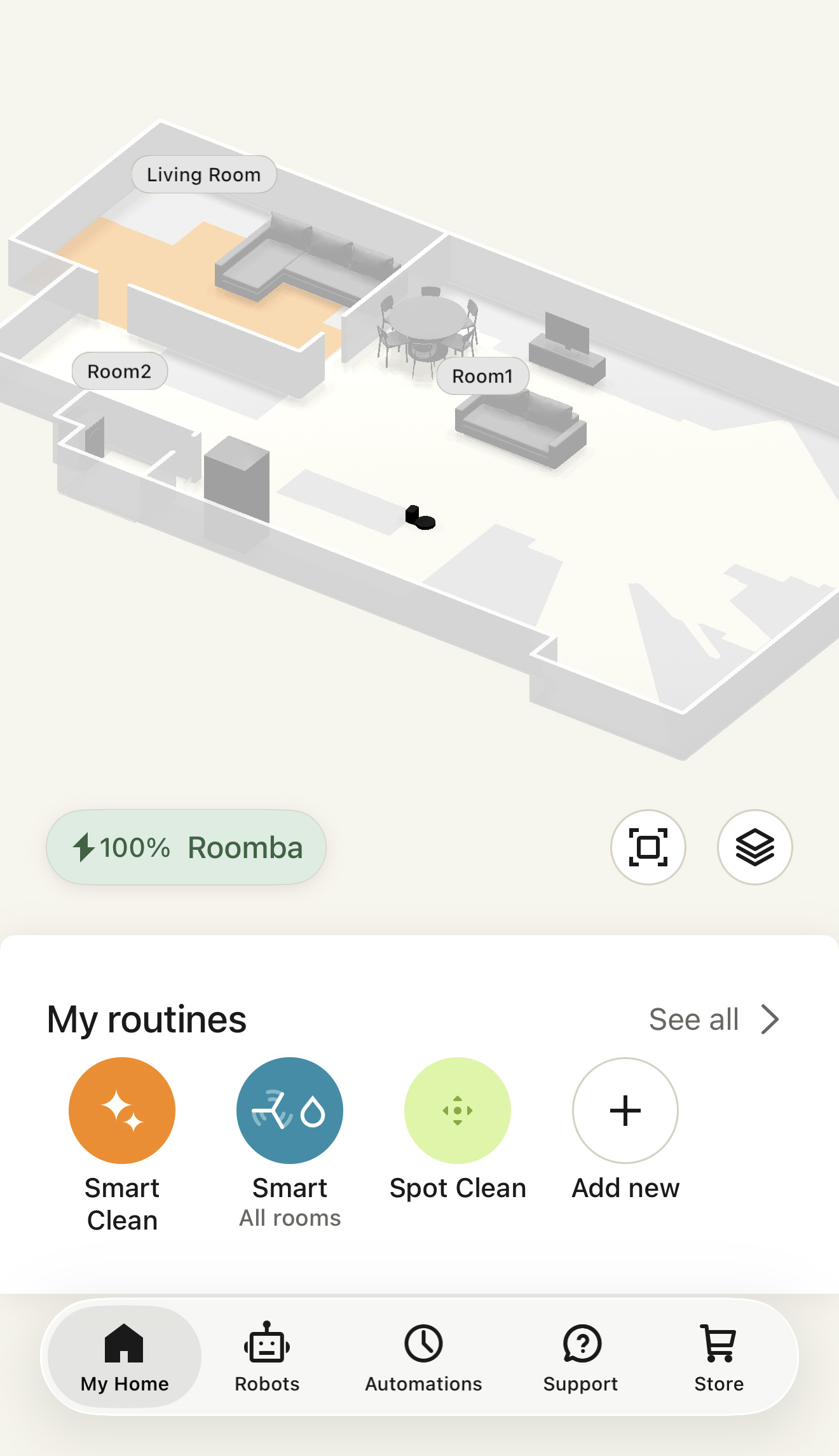 A screenshot from the Roomba Max 705 Combo app showing a 3D map with furniture identification and the My Routines menu