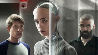 (L to R) Domhnall Gleeson, Alicia Vikander, and Oscar Isaac in poster for "Ex Machina"