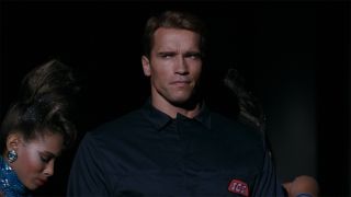 Arnold Schwarzenegger looking tough in The Running Man