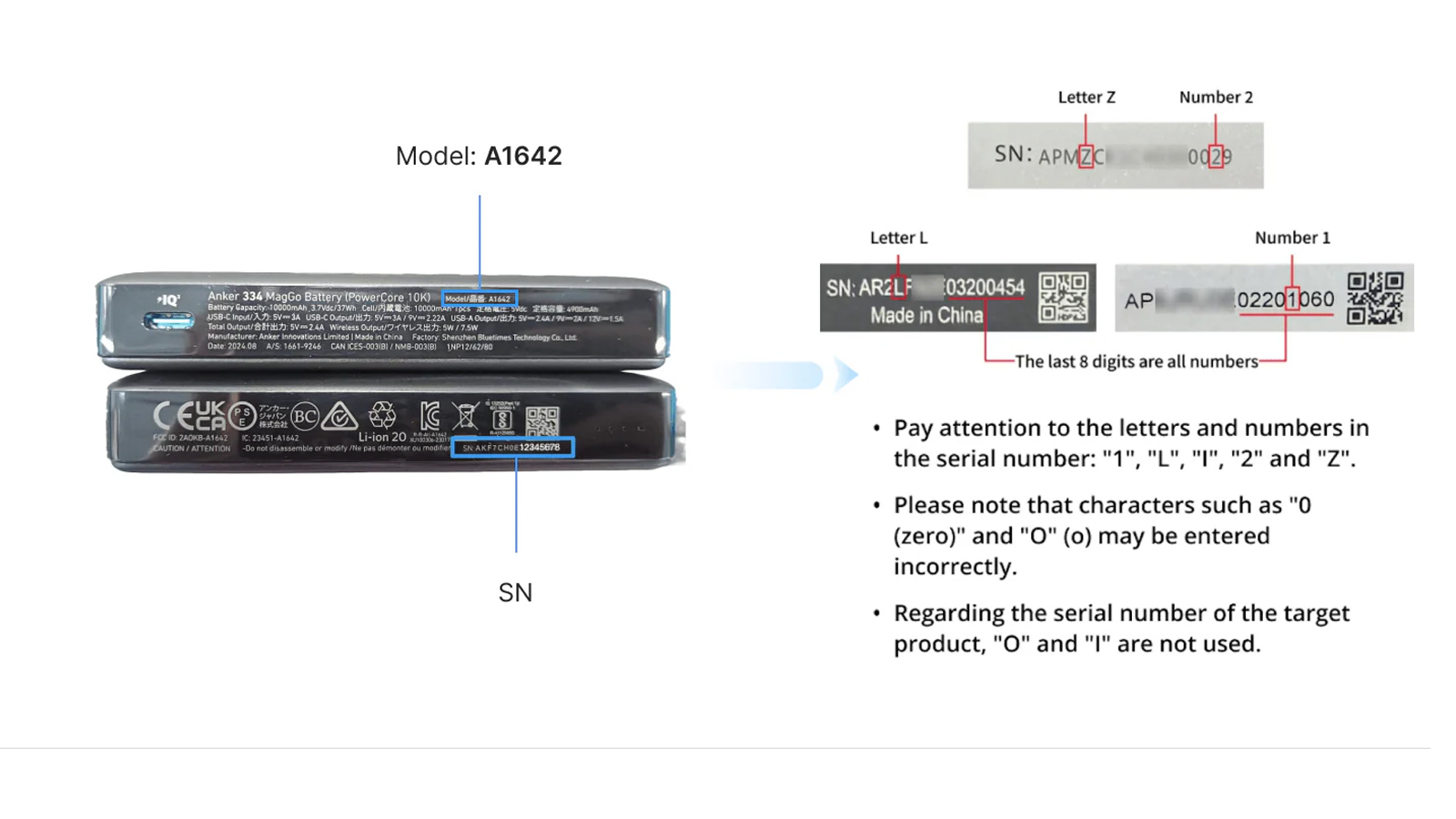 The base of an Anker battery showing its serial number