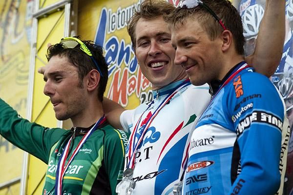 Stage nine podium (l-r): Perrig Quemeneur (2nd,Team Europcar), Boris Shpilevsky (1st,Tabriz Petrochemical), and Robert Forster (3rd,United Healthcare).