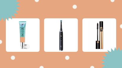 three of the products in the Boots Black Friday deals—IT Cosmetics Matte CC Cream, Oral-B iO8 toothbrush and, YSL mascara—on an orange background with festive decoration