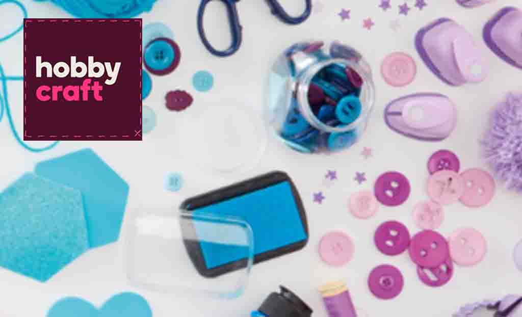 hobby craft logo top left with buttons, sequences and crafts supplies on the table 