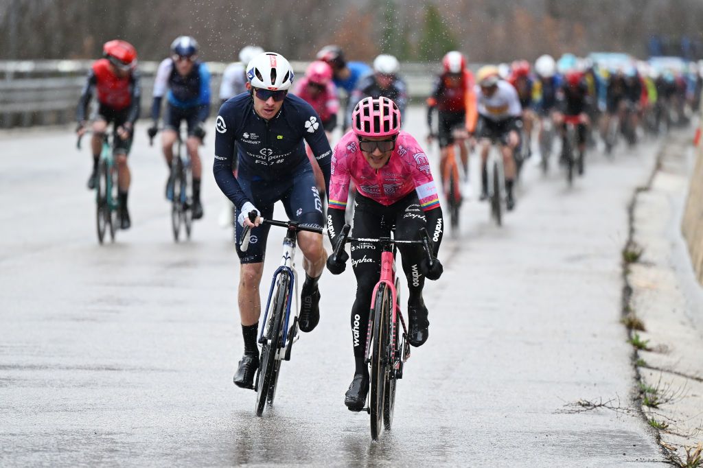COLFIORITO ITALY MARCH 12 LR Romain Gregoire of France and Team Groupama FDJ and Richard Carapaz of Ecuador and Team EF Education Easypost compete during to the 60th TirrenoAdriatico 2025 Stage 3 a 239km stage from Follonica to Colfiorito UCIWT on March 12 2025 in Colfiorito Italy Photo by Tim de WaeleGetty Images