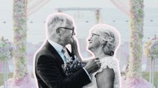 Older couple with wedding graphic backdrop